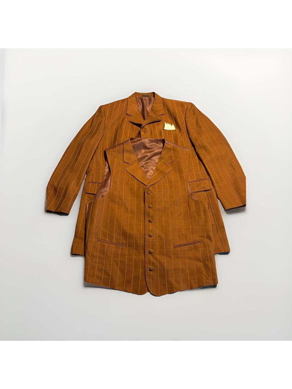 Falcone Suit Jacket Mens Long Brown Striped 3 Button Peak Lapel Polyester & Vest